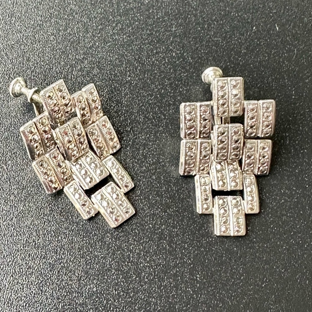 VTG Sterling Signed Marcasite Screw Backs Earrings